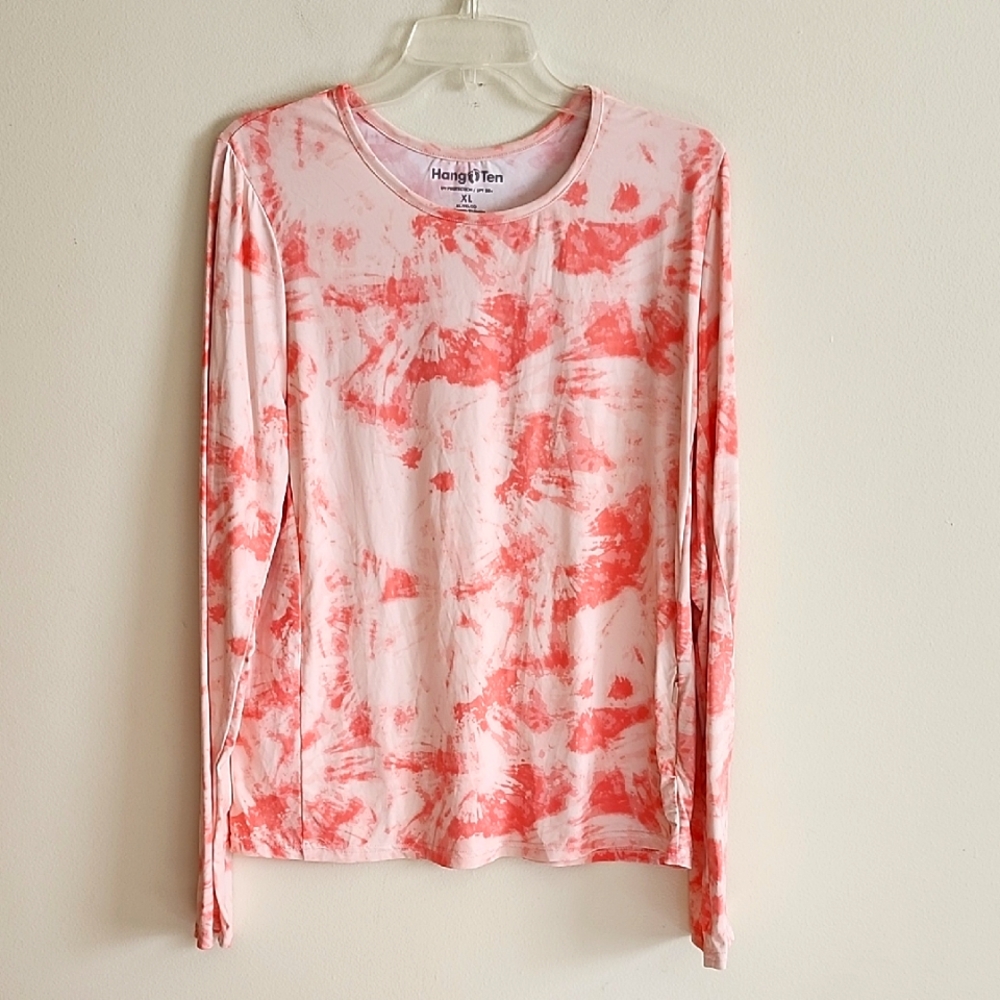 Hang Ten 50 Spf Pink Long Sleeve Sun Shirt Tie Dye Zipper Pocket Womens XL